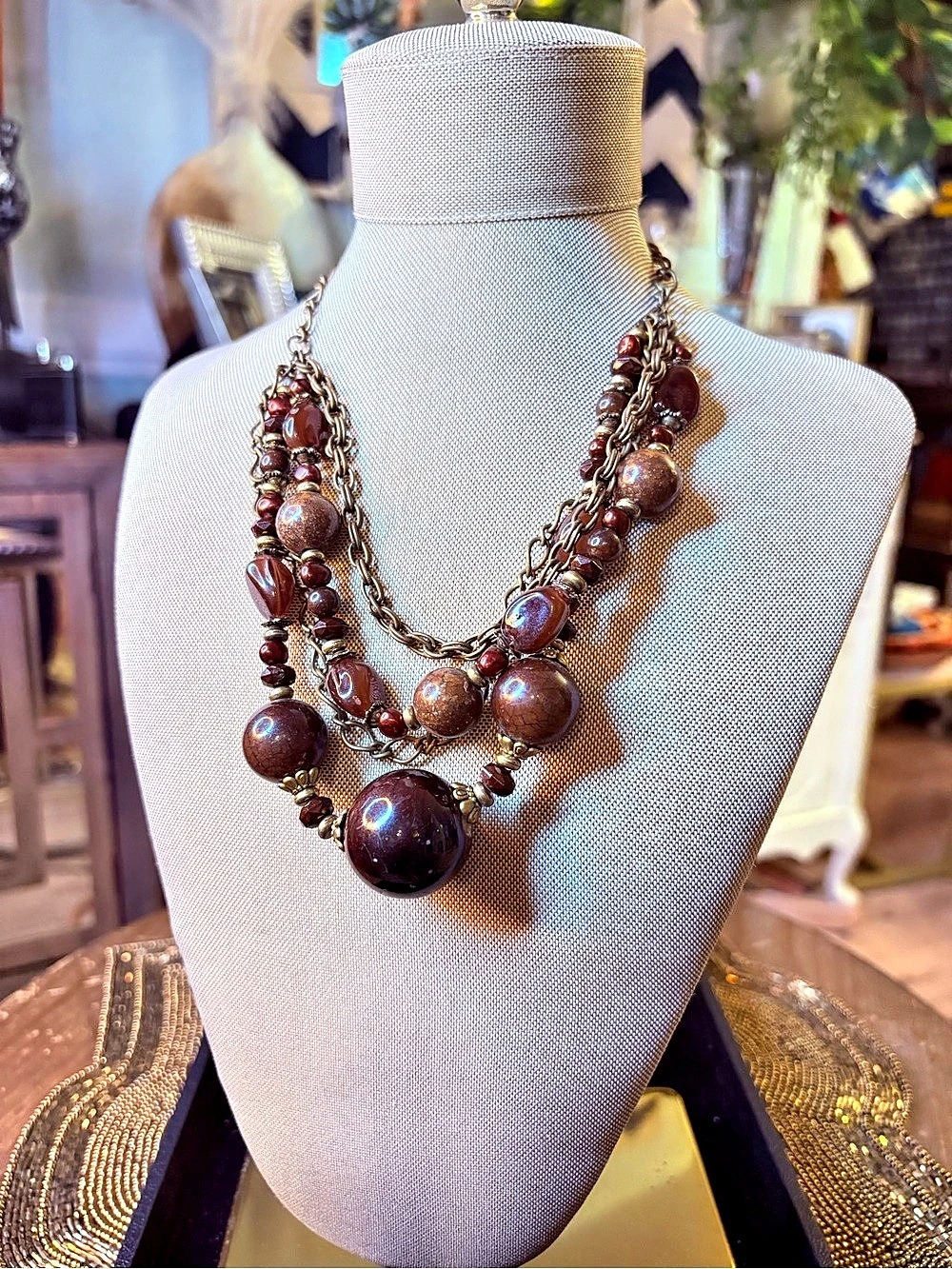 Boho Multi Strand Statement Necklace Brown Burgundy Beaded Antique Gold Tone